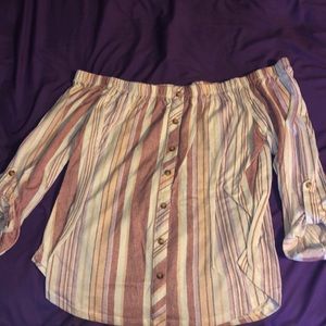Rue 21 size Large top. Pink, Peach, and white stripes, buttons on front.